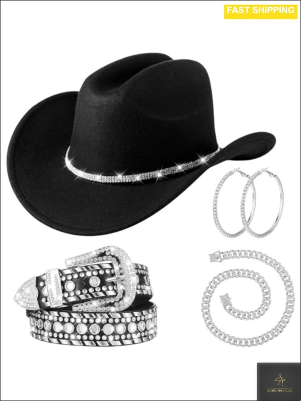 Rhinestone Cowboy Hat Belt Earring Necklace Set Western Party Accessories